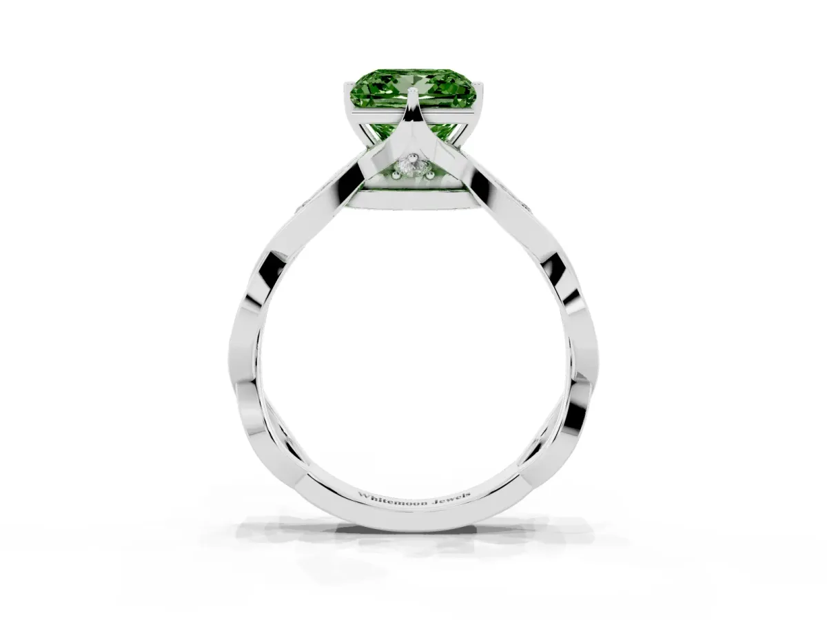 Fancy Green Princess Cut Solitaire Twist Band with Leaf Prong Setting Silver