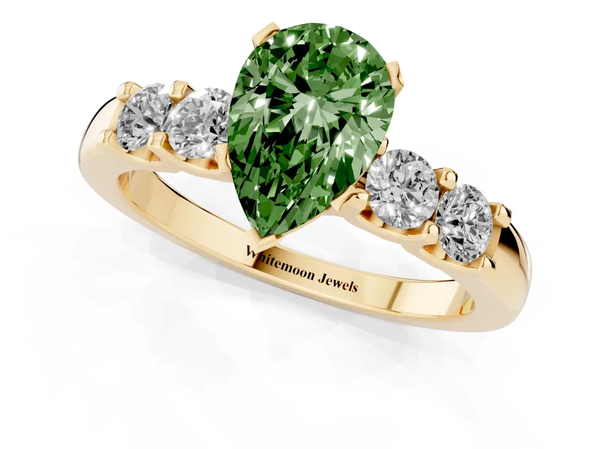 Fancy Green Pear Cut Brilliant Cut Diamond Five-Stone Prong Set Engagement Ring with Channel Band Yellow gold