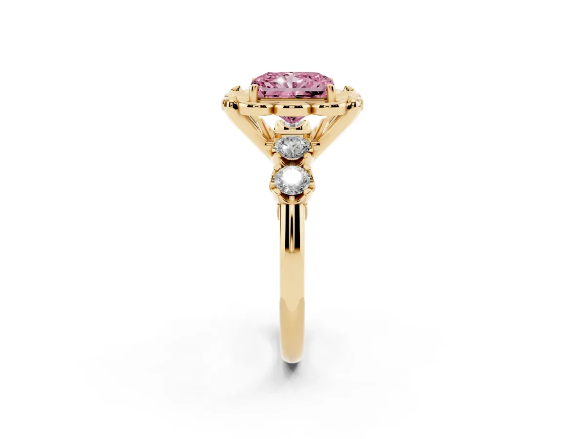Fancy Pink Radiant Cut Cut Diamond Floral Halo Engagement Ring with Shared Prong Setting Yellow gold