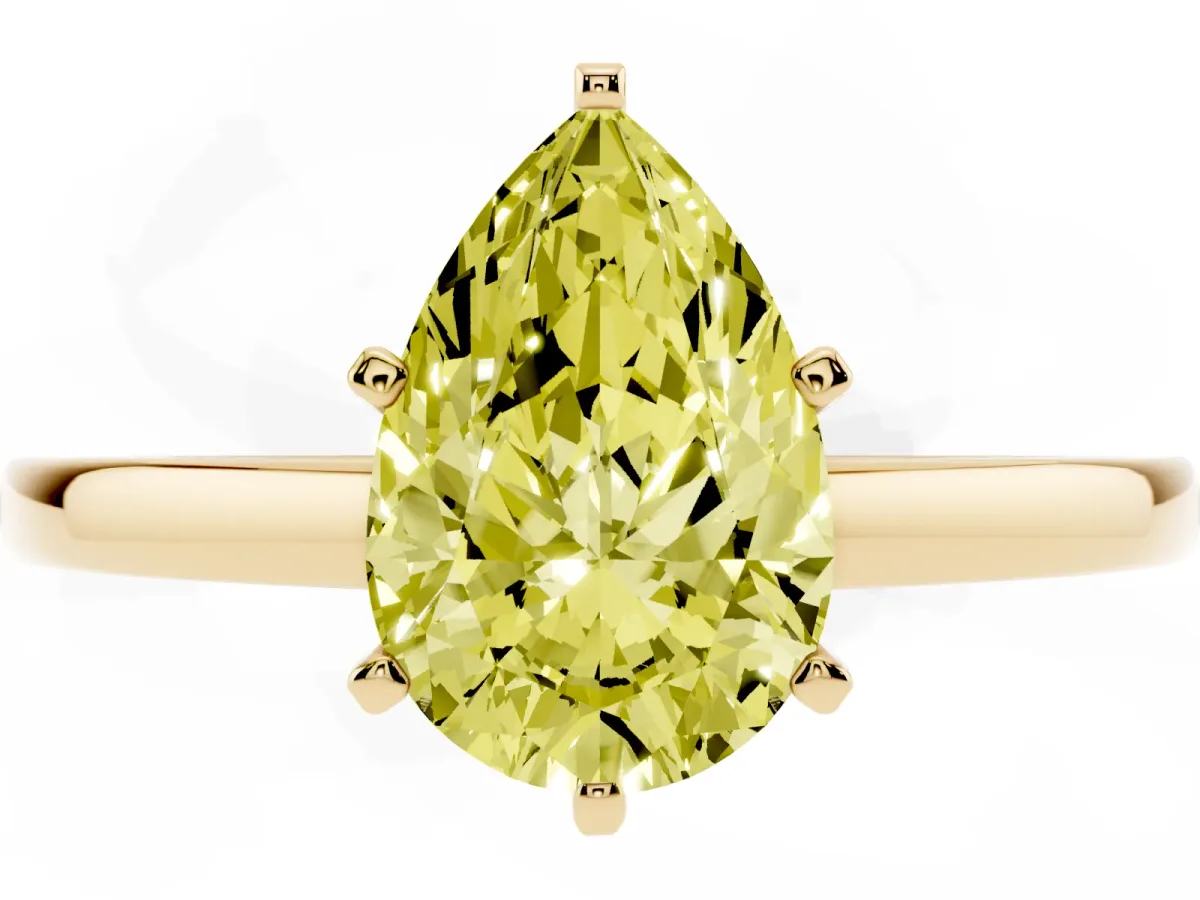 Fancy Yellow Pear Cut Solitaire Diamond Engagement Ring with Four-Prong Setting on a Classic Band Yellow gold