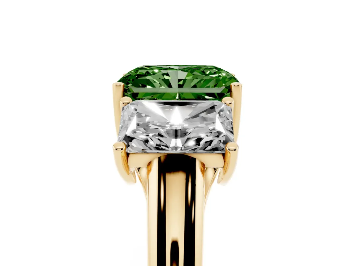 Fancy Green Three-Stone Radiant Cut Diamond Engagement Ring with Prong Setting Yellow gold