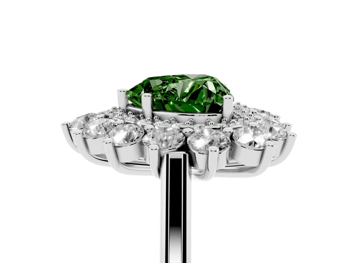 Fancy Green Heart Cut Diamond Floral Double Halo Engagement Ring with Prong Setting Platinum