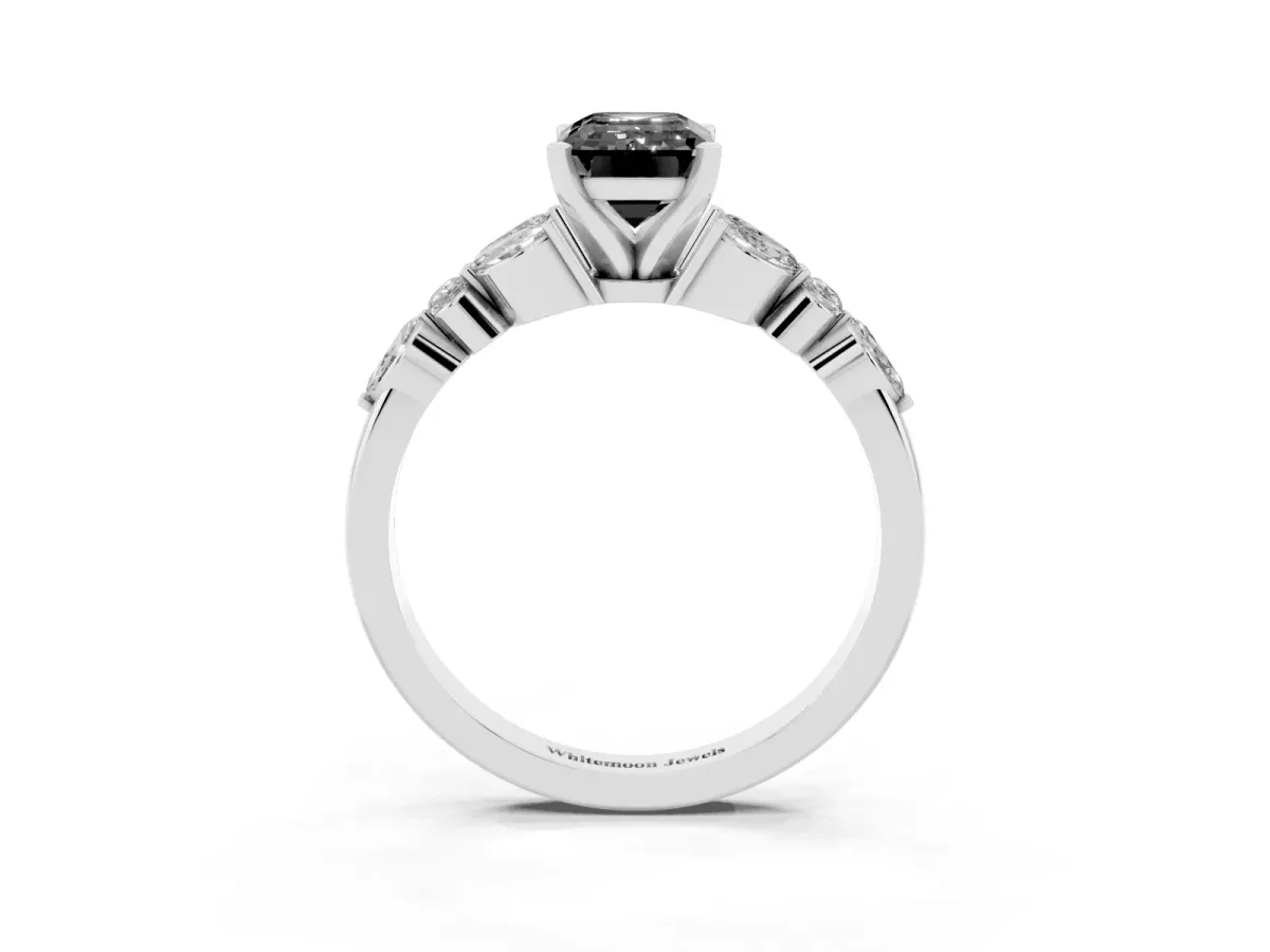Fancy Black Emerald Cut Diamond Solitaire Ring with Side Stones and Four-Prong Setting Platinum