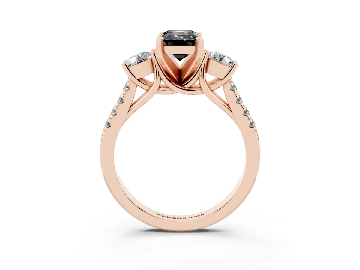 Fancy Black Three-Stone Emerald Cut Diamond Pavé Band with Four-Prong Setting Rose gold
