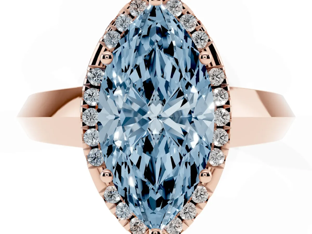 Fancy Blue Marquise Cut Halo Diamond Ring with Cathedral Band and Four-Prong Setting Rose gold