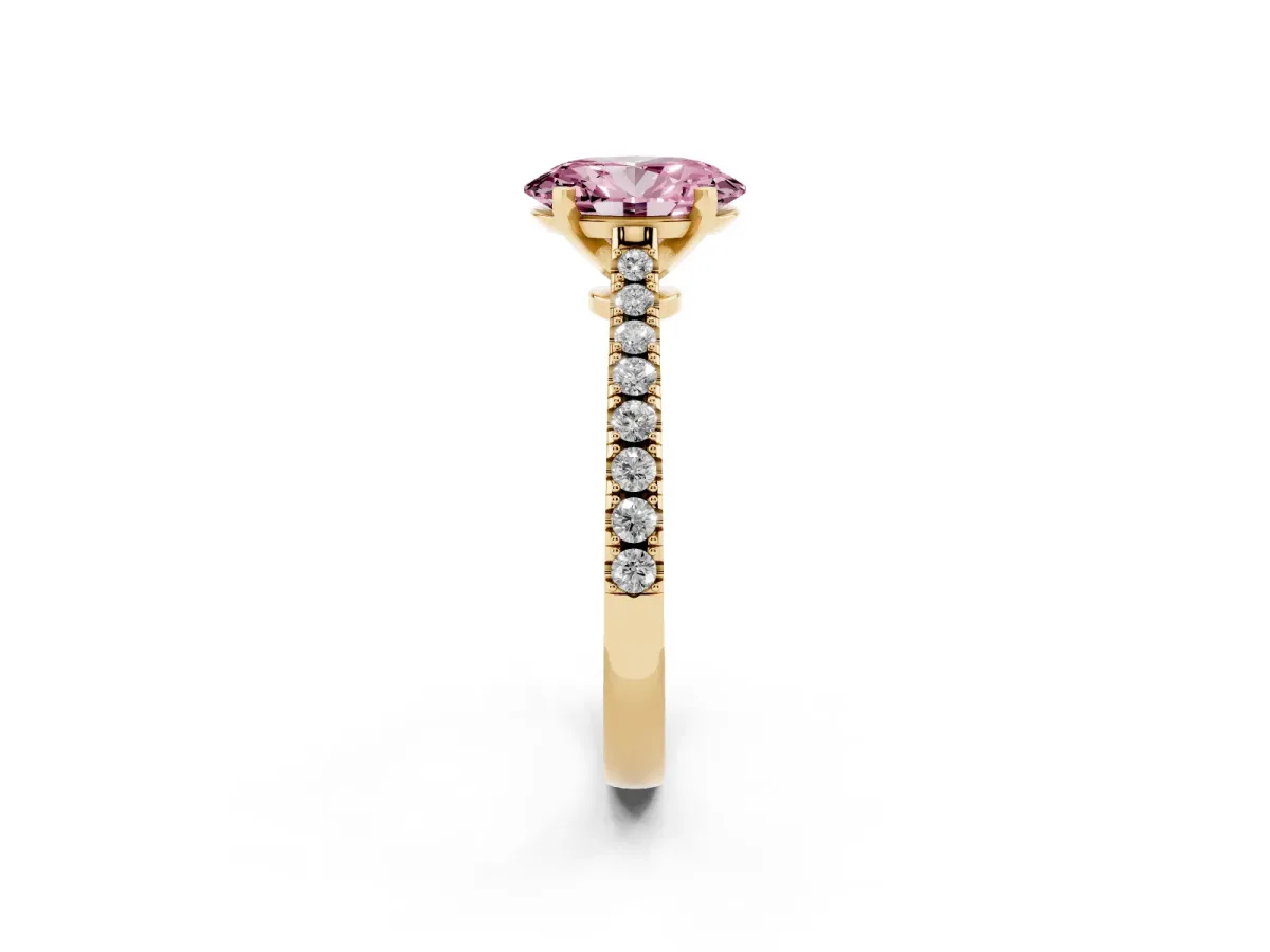 Fancy Pink Oval Cut Cut Solitaire Diamond Engagement Ring with Pave Band and Four-Prong Setting Yellow gold