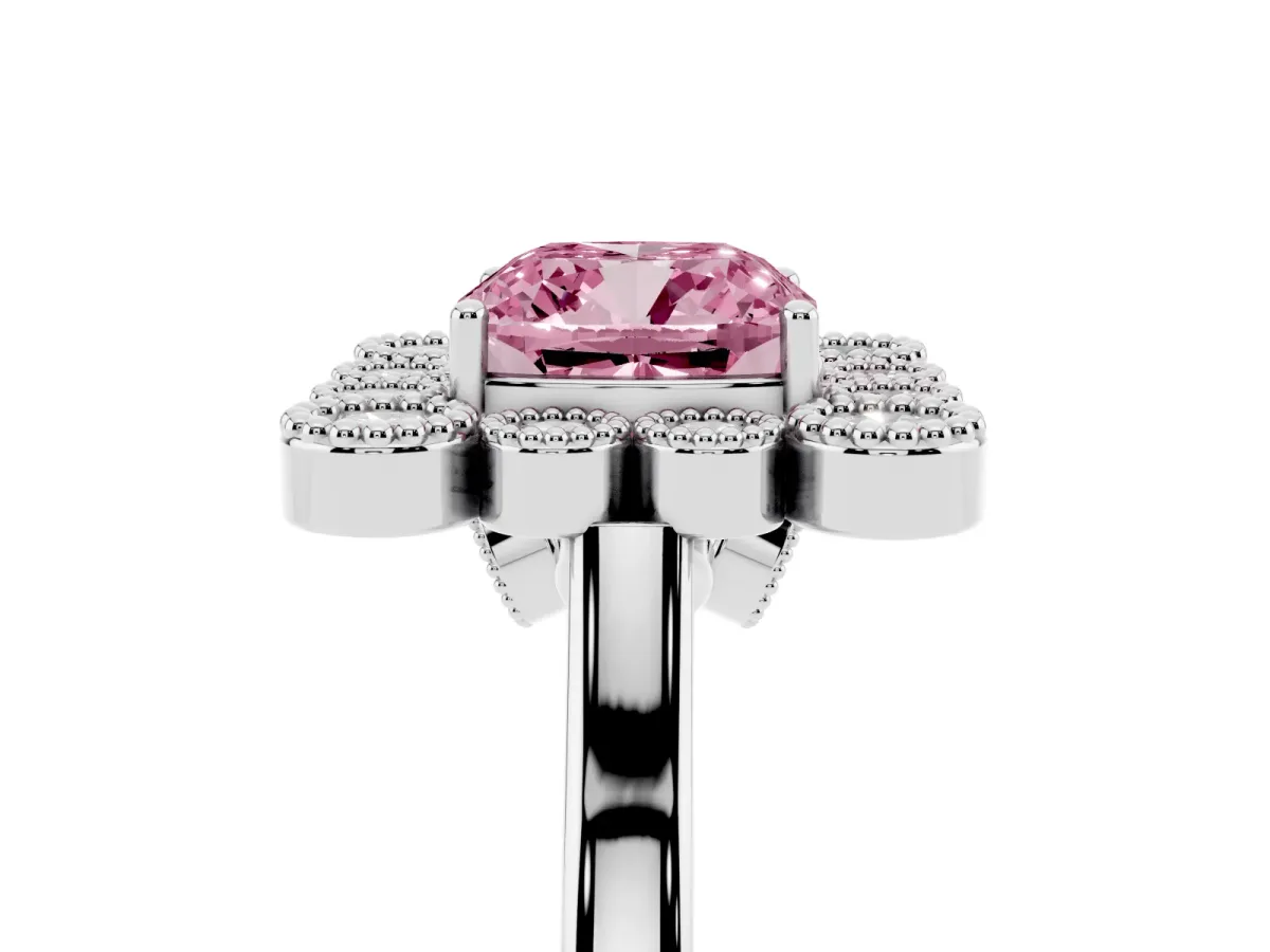 Fancy Pink Cushion Cut Halo Diamond Cluster Engagement Ring with Milgrain Bezel Setting and Solitaire Band Platinum