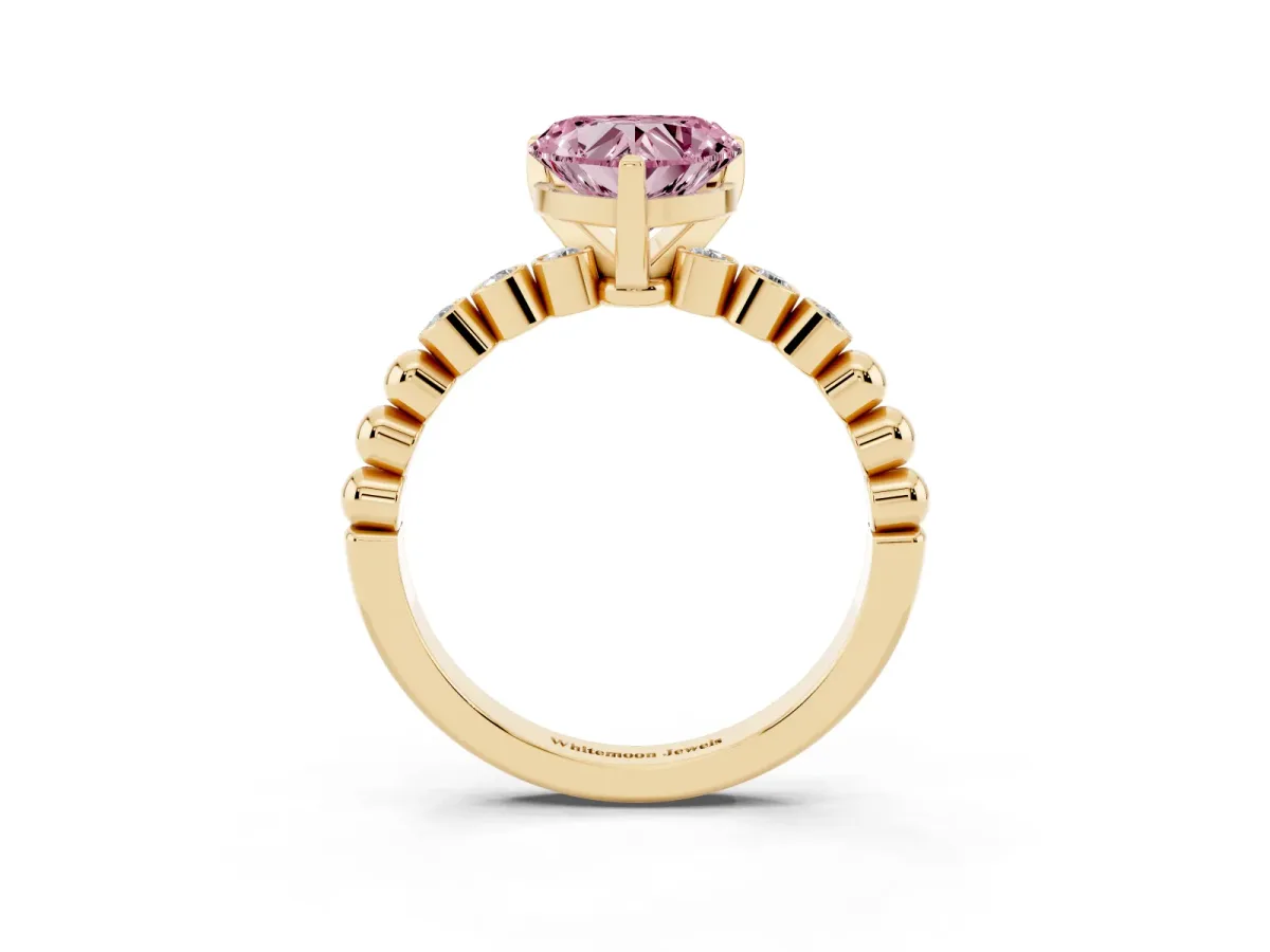 Fancy Pink Heart Cut Solitaire Bezel Accent Diamond Engagement Ring with Beaded Band and Four-Prong Setting Yellow gold