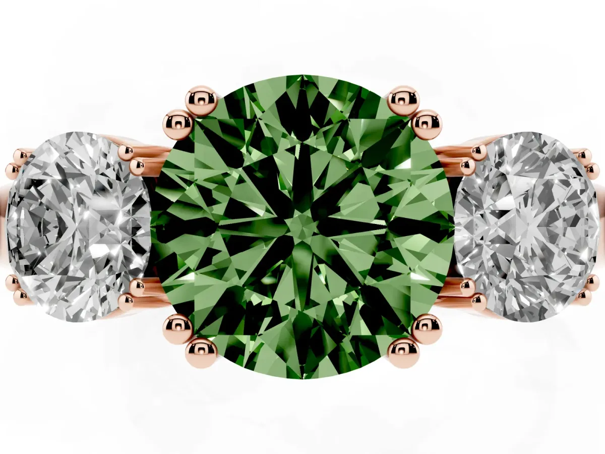 Fancy Green Three-Stone Round Cut Cut Diamond Ring with Channel Set Band and Four-Prong Setting Rose gold