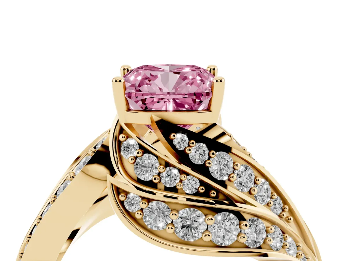Fancy Pink Cushion Cut Diamond Solitaire Ring with Prong Setting and Twisted Pavé Band Yellow gold