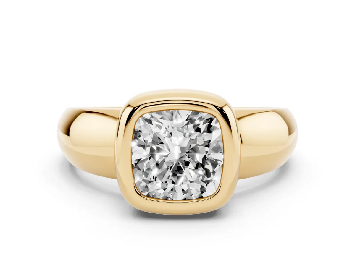 Bezel Set Cushion Cut Solitaire Ring with Wide Band Yellow gold