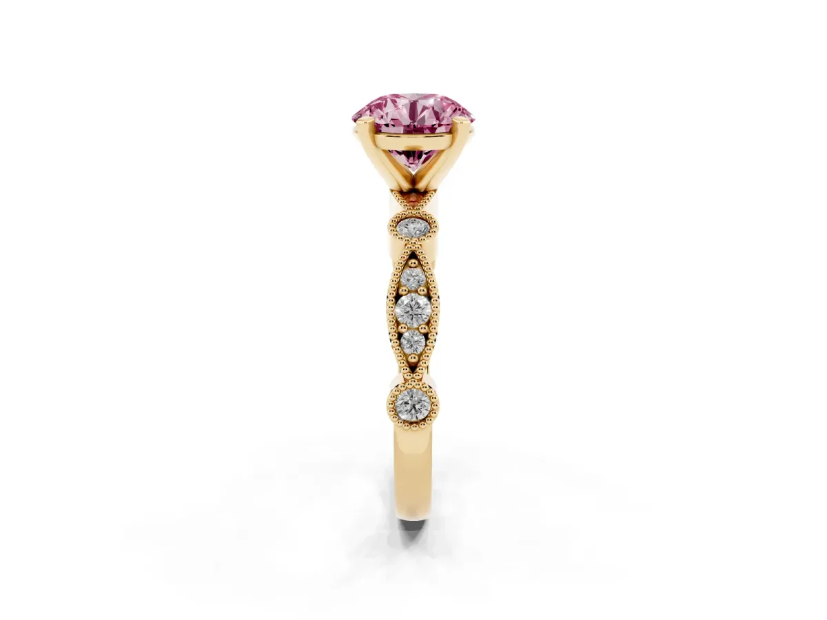 Fancy Pink Round Cut Milgrain Bezel Diamond Engagement Ring with Solitaire Prong Setting Yellow gold