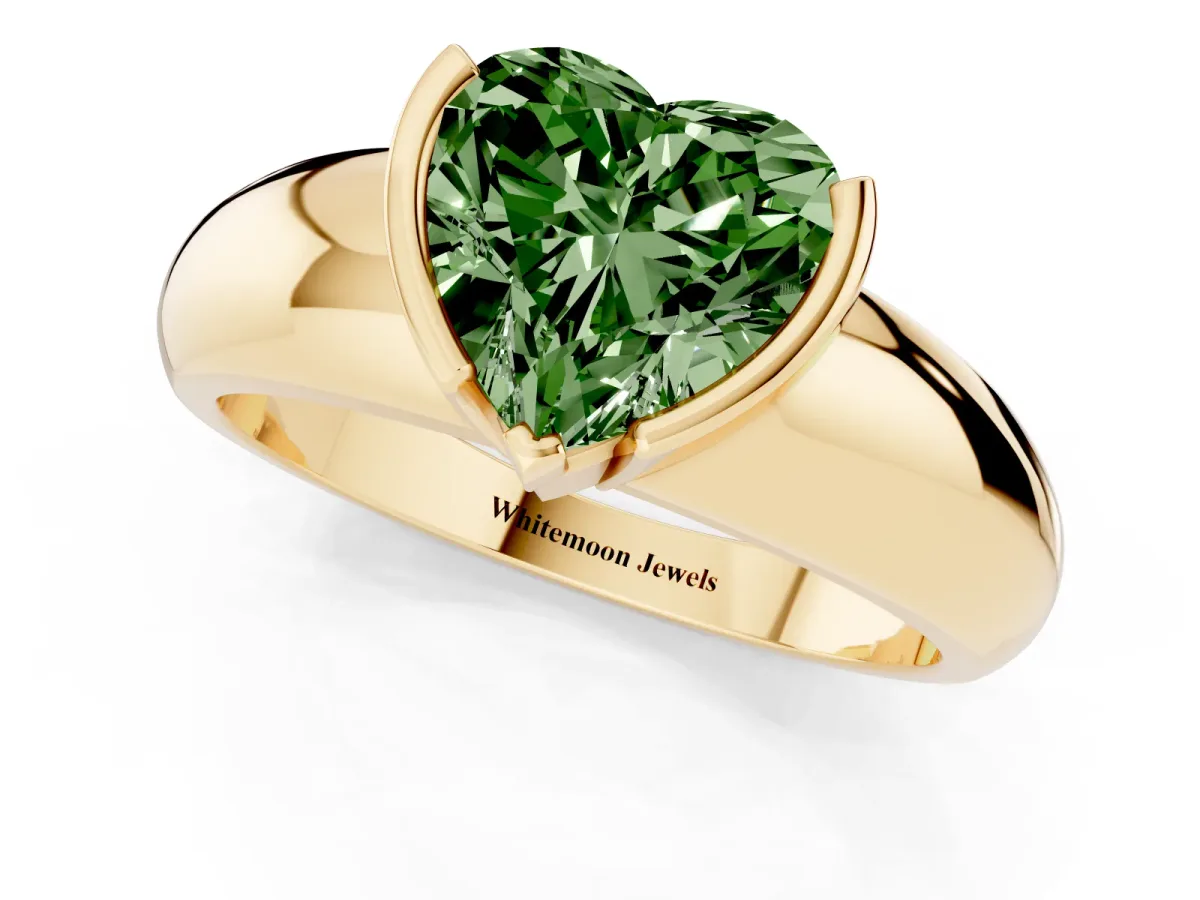 Fancy Green Heart Cut Solitaire Tension Set Diamond Ring with Wide Band Yellow gold