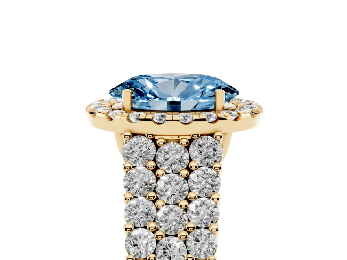 Fancy Blue Oval Cut Diamond Halo Engagement Ring with Triple Row Round Pavé Band and Prong Setting Yellow gold
