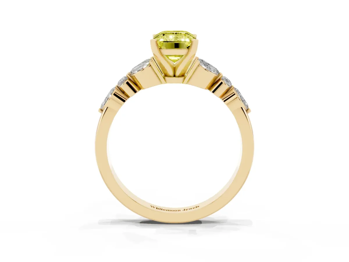 Fancy Yellow Emerald Cut Diamond Solitaire Ring with Side Stones and Four-Prong Setting Yellow gold