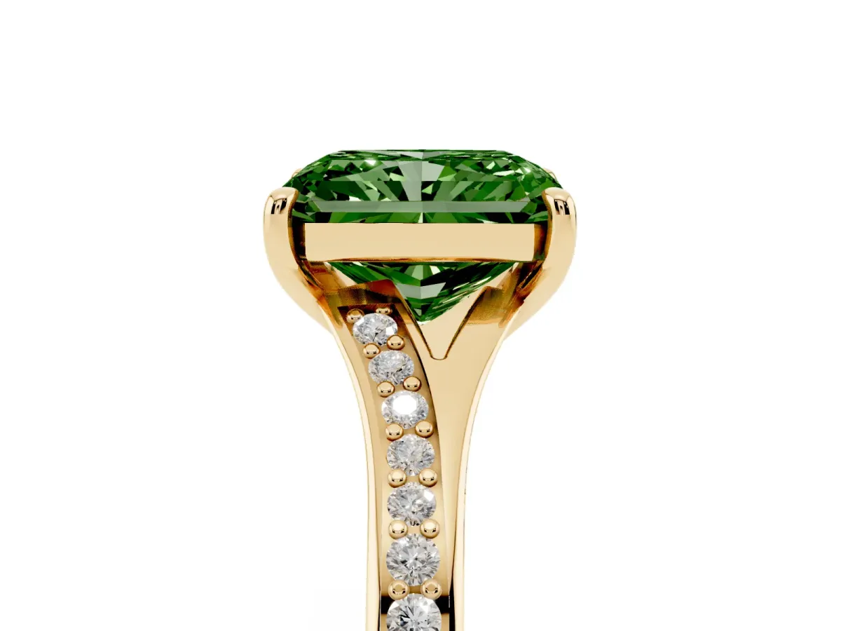 Fancy Green Radiant Cut Diamond Solitaire Ring with Pavé Band and Prong Setting Yellow gold
