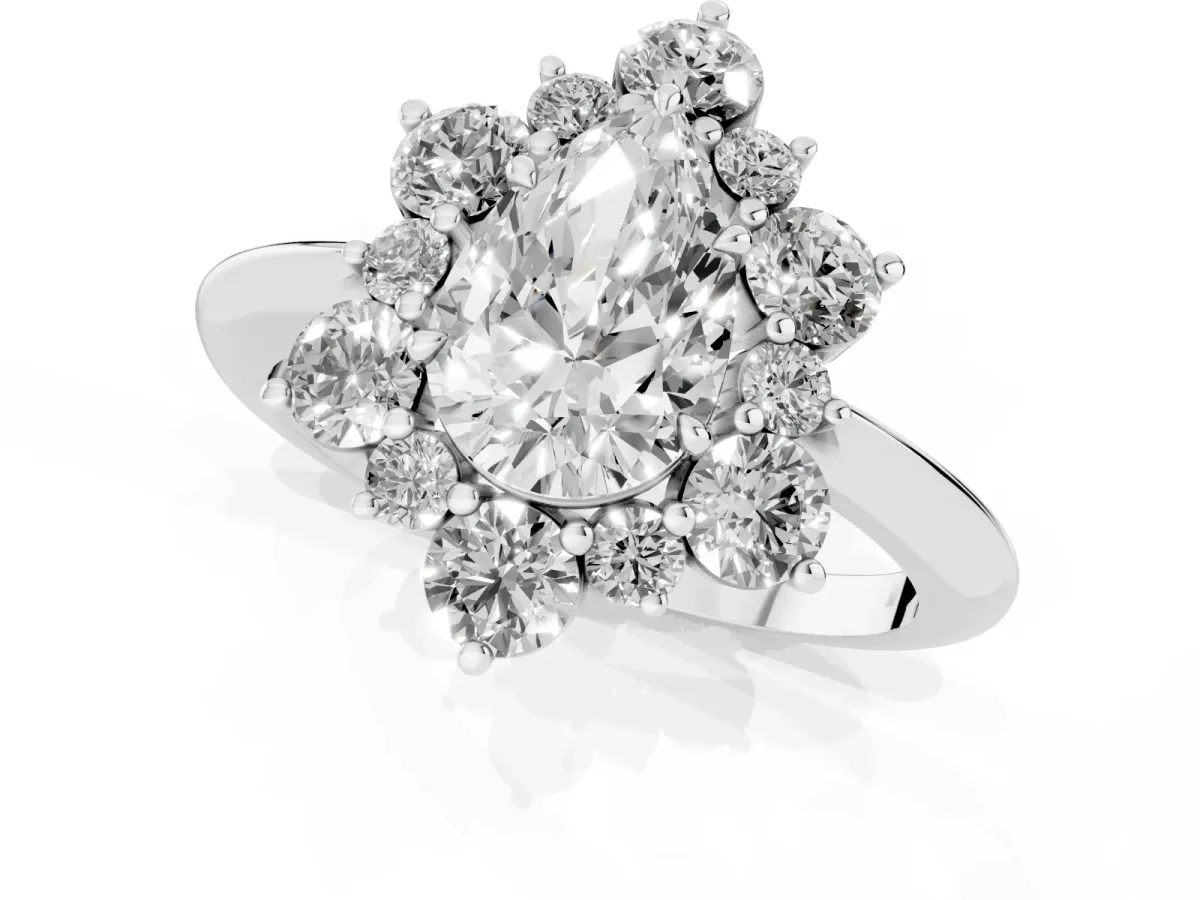 Pear Cut Diamond Cluster Halo Ring with Solitaire Band and Four-Prong Setting Silver