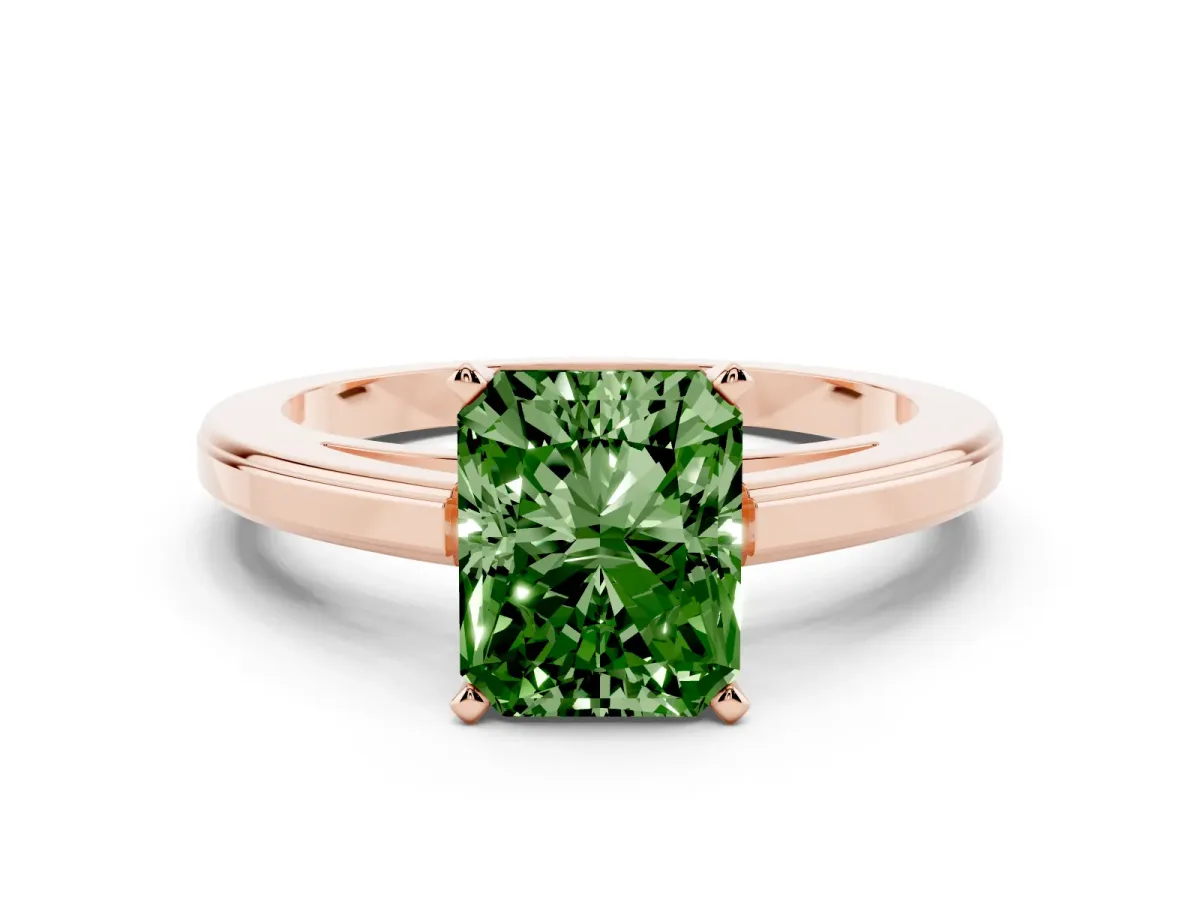 Fancy Green Radiant Cut Solitaire Diamond Ring with Four-Prong Setting and Classic Band Rose gold