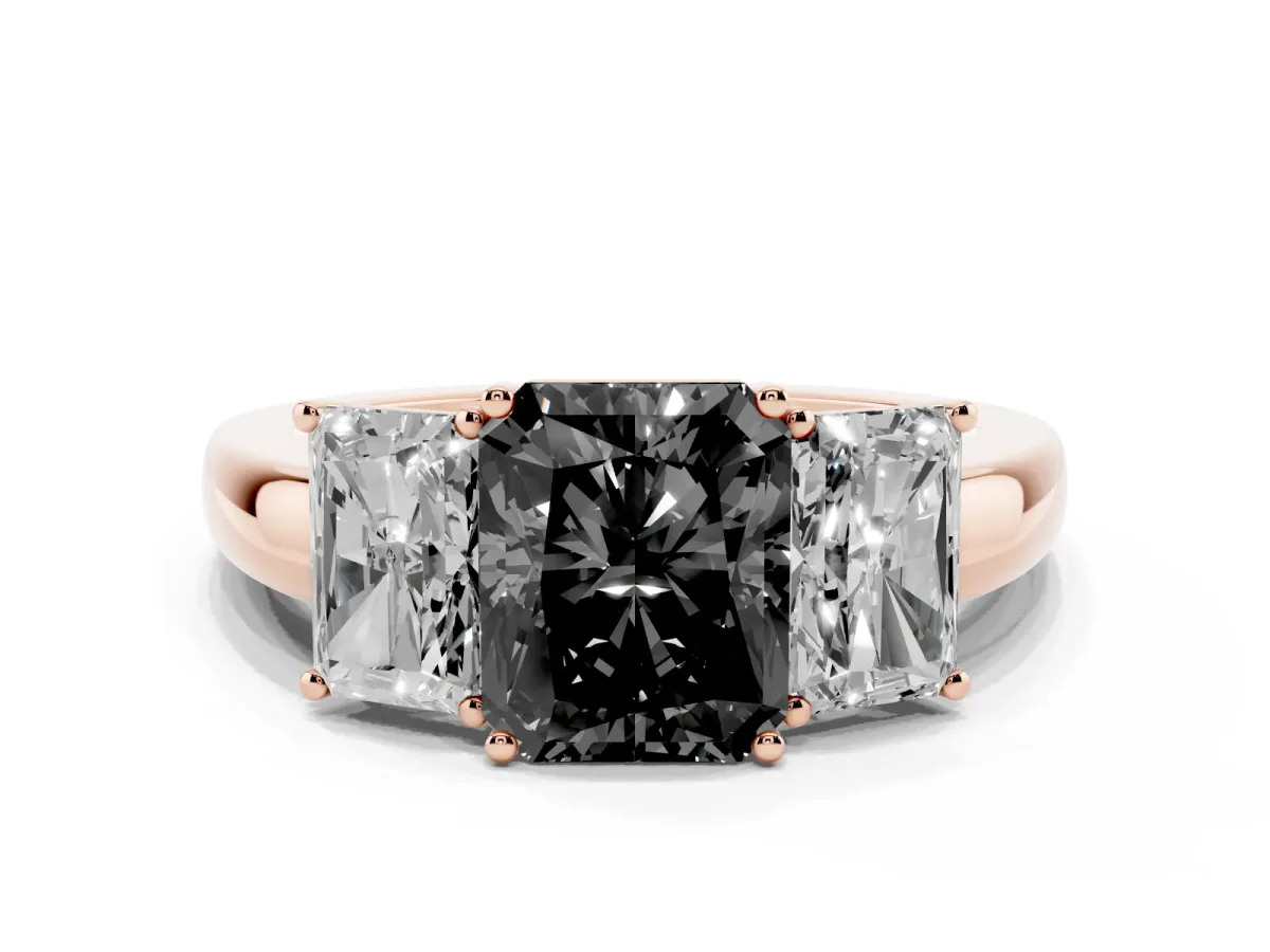 Fancy Black Radiant Cut Diamond Three-Stone Ring with Four-Prong Setting and Classic Band Rose gold