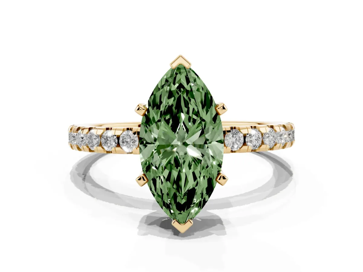 Fancy Green Marquise Cut Diamond Solitaire Ring with Round Pavé Band and Four-Prong Setting Yellow gold