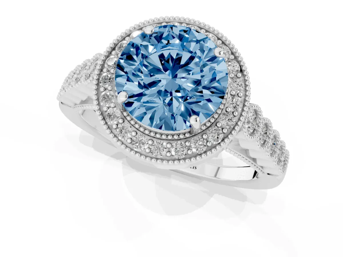 Fancy Blue Round Cut Halo Milgrain Solitaire with Bezel Set Side Stones and Pave Band Silver