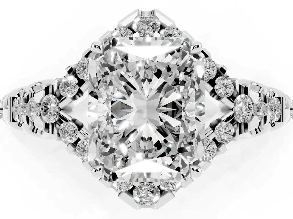 Radiant Cut Diamond Solitaire Ring with Hidden Halo and Pavé Band Silver
