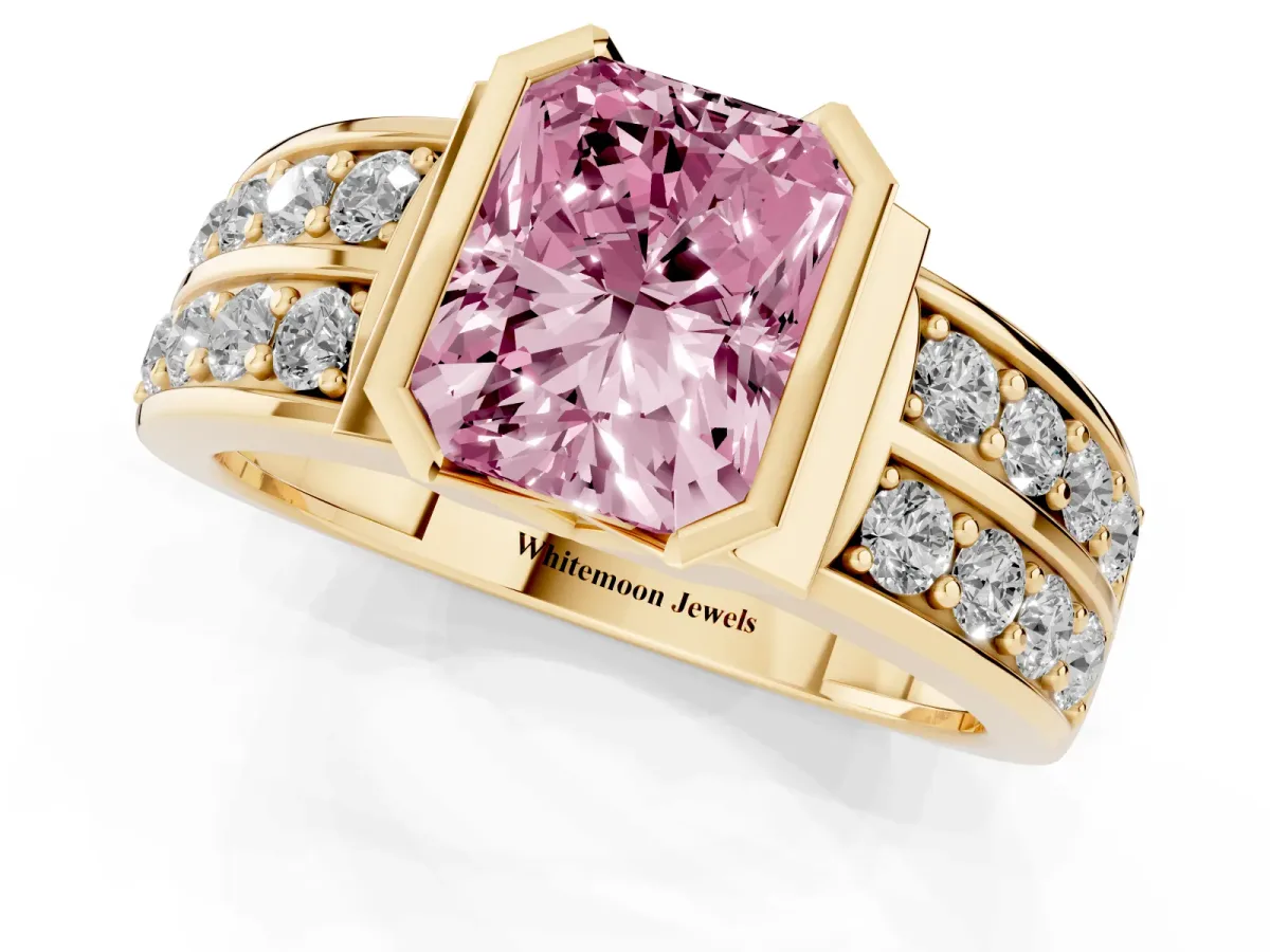 Fancy Pink Radiant Cut Brilliant Diamond Channel Set Wide Band Ring with Bezel Setting Yellow gold