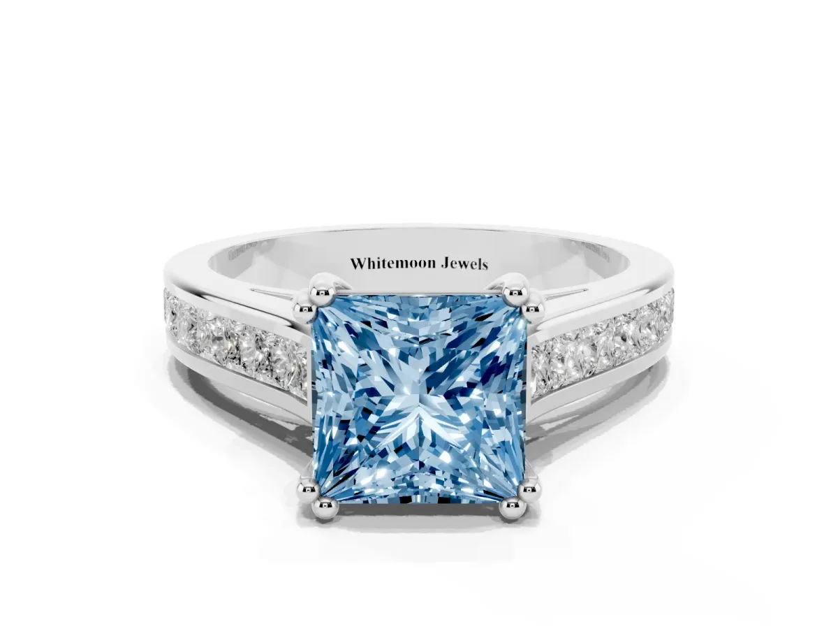 Fancy Blue Princess Cut Cut Channel Set Solitaire Engagement Ring with Prong Setting Platinum