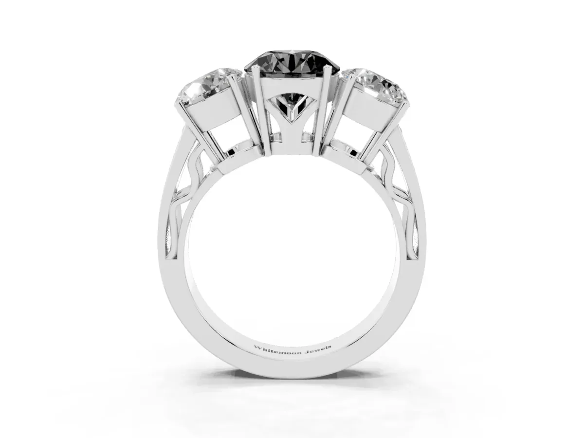Fancy Black Round Cut Diamond Three-Stone Ring with Prong Setting and Textured Band Silver