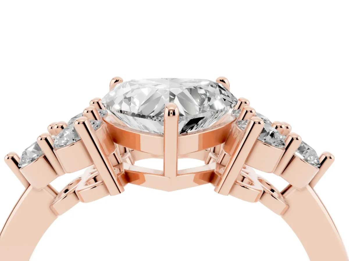 Heart Cut Brilliant Diamond Cluster Accent Solitaire Ring with Prong Setting Rose gold