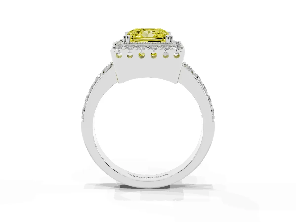 Fancy Yellow Princess Cut Diamond Halo Ring with Pavé Band and Prong Setting Silver