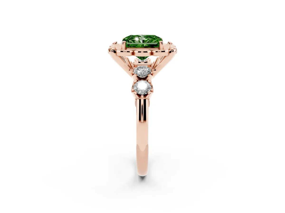 Fancy Green Radiant Cut Cut Diamond Floral Halo Engagement Ring with Shared Prong Setting Rose gold