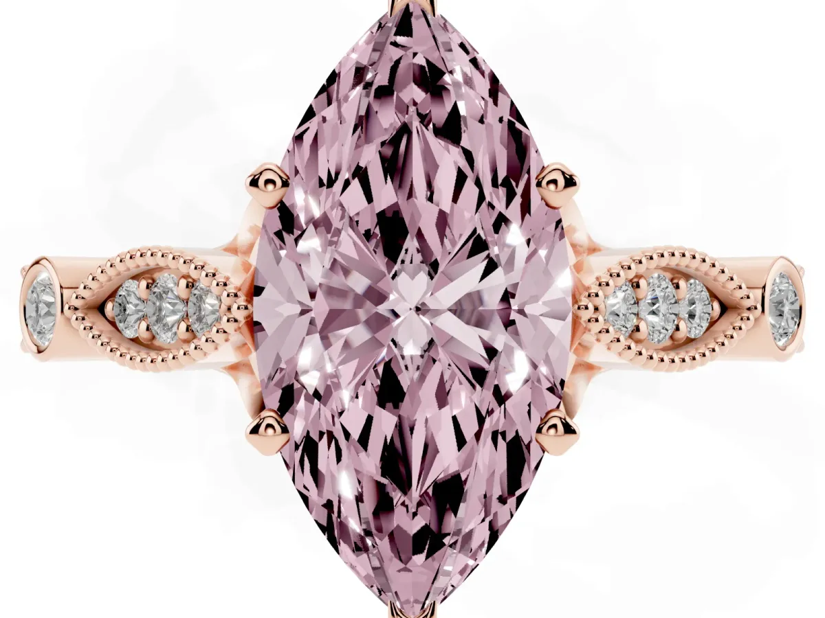 Fancy Pink Marquise Cut Cut Diamond with Milgrain Marquise and Bezel Accents on a Solitaire Band with Prong Setting Rose gold