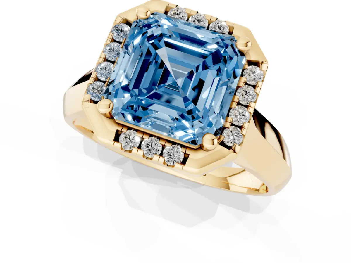 Fancy Blue Asscher Cut Cut Halo Solitaire Engagement Ring with Square Band and Four-Prong Setting Yellow gold