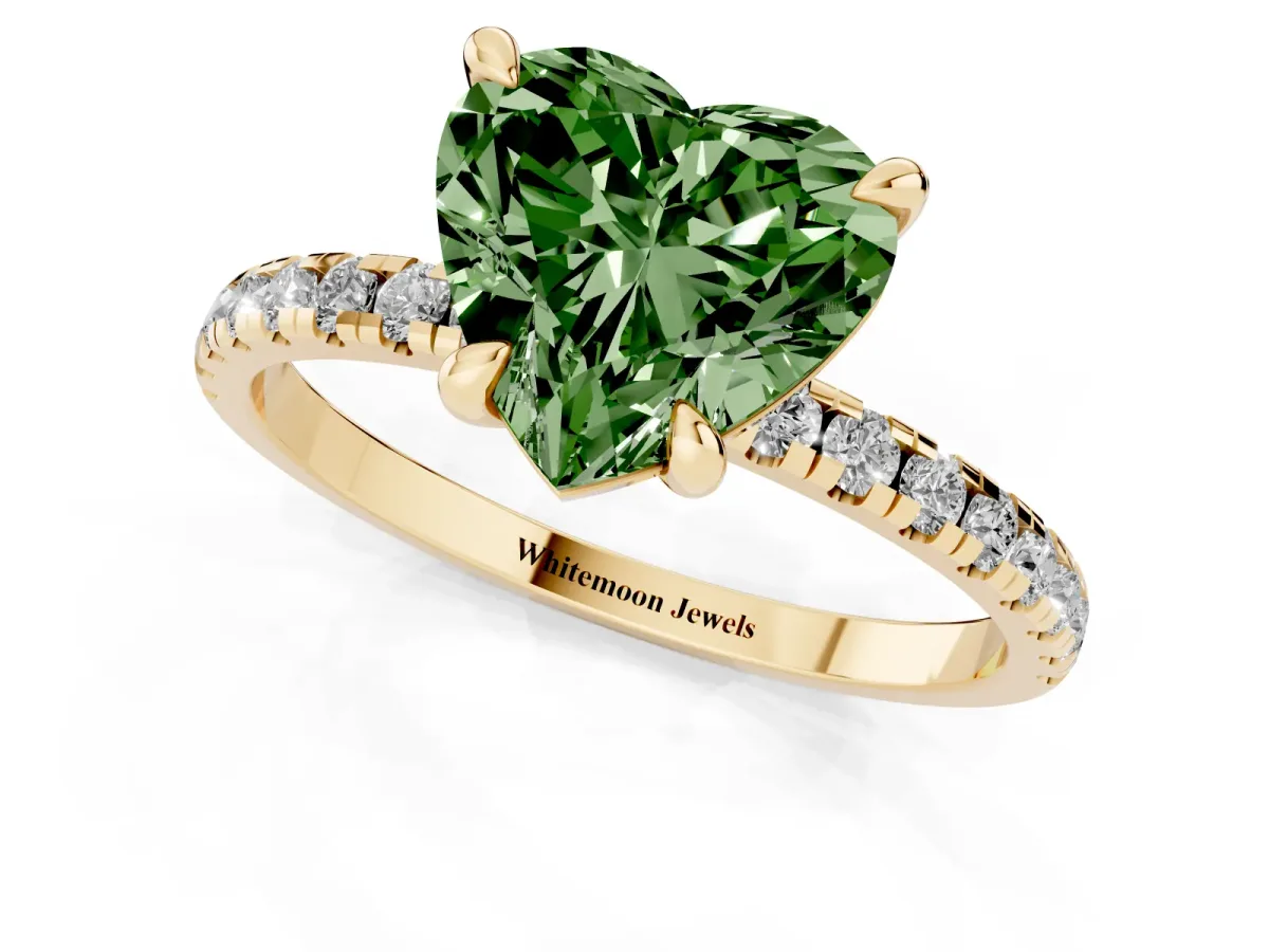 Fancy Green Heart Cut Diamond Brilliant Solitaire Ring with Pavé Band and Four-Prong Setting Yellow gold