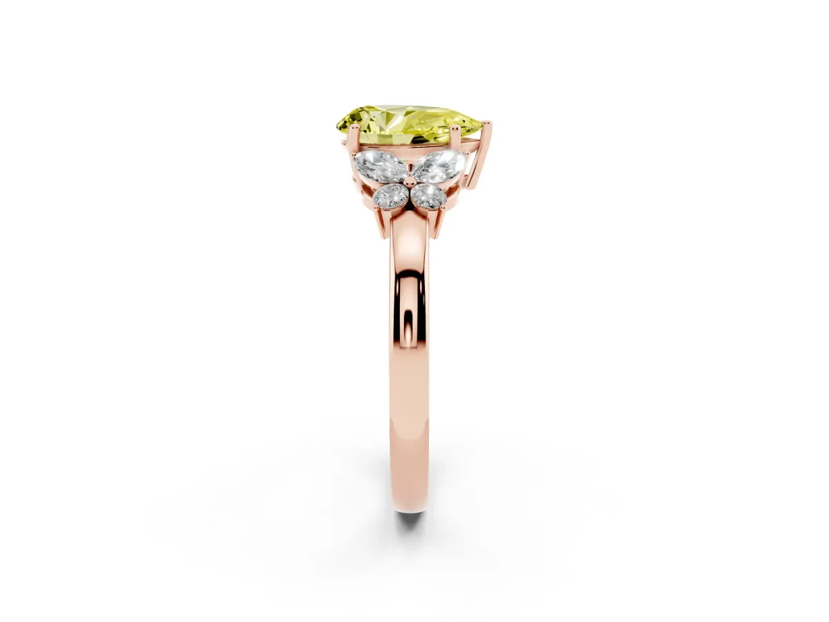 Fancy Yellow Pear Cut Cut Solitaire Floral Diamond Ring with Four-Prong Setting Rose gold