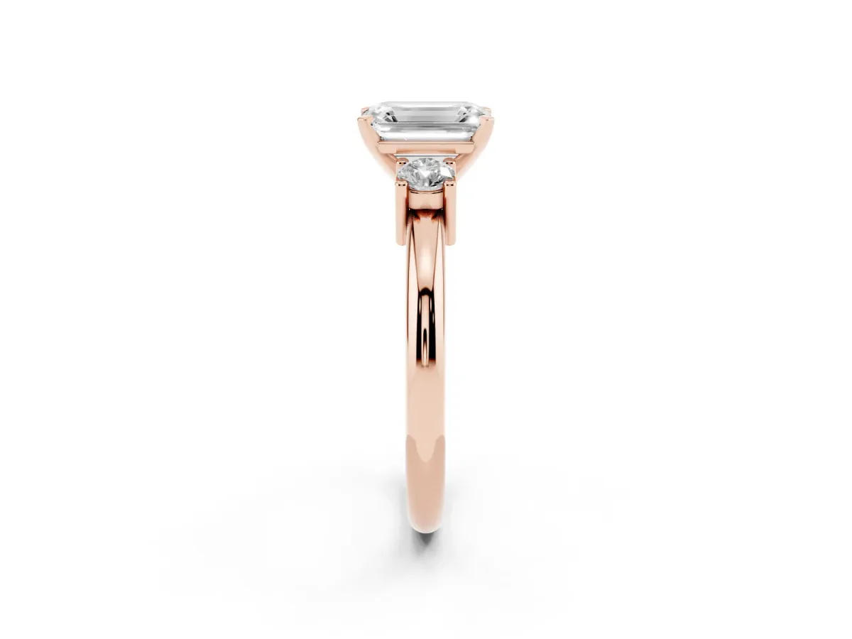Three-Stone Emerald Cut Cut Diamond Solitaire with Prong Setting and Classic Band Rose gold