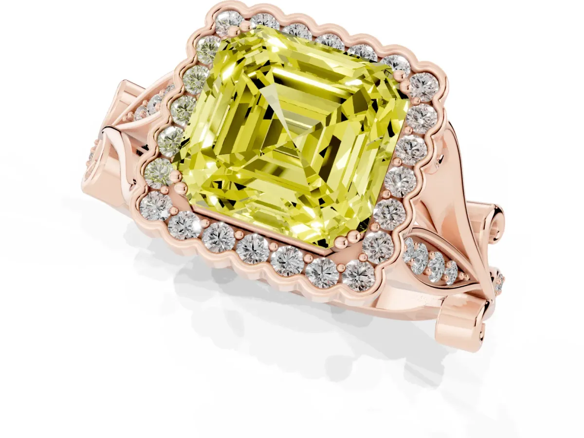 Fancy Yellow Asscher Cut Diamond Halo Ring with Vintage Split Shank and Four-Prong Setting Rose gold