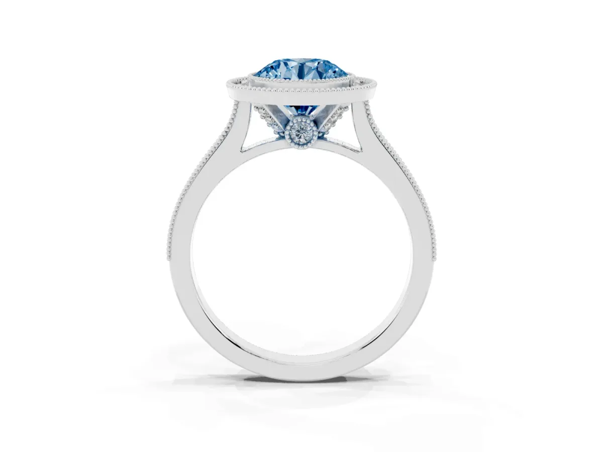 Fancy Blue Halo Round Cut-Cut Diamond Pave Band Milgrain Prong Setting Ring Silver