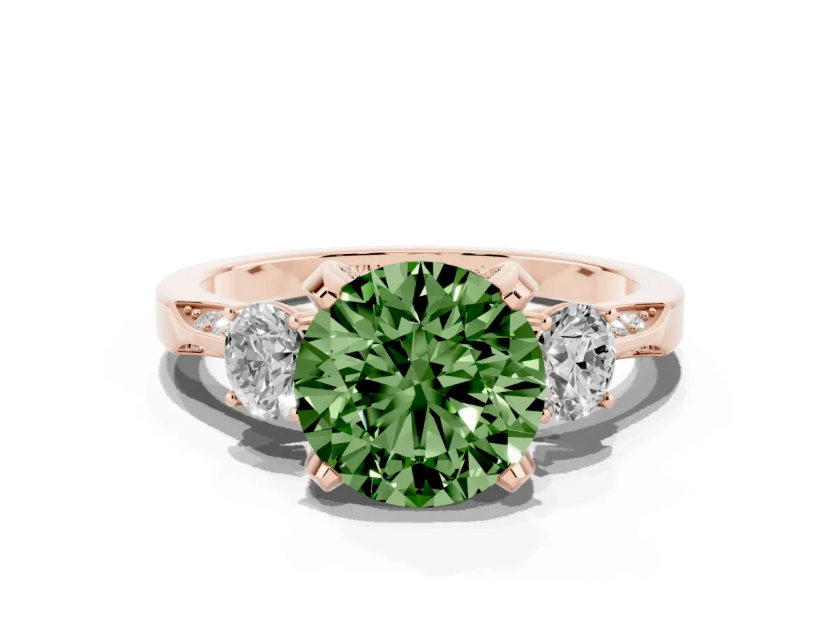 Fancy Green Round Cut Brilliant Three-Stone Diamond Ring with Pavé Band and Four-Prong Setting Rose gold