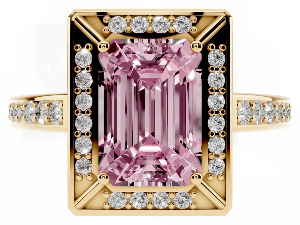 Fancy Pink Emerald Cut Cut Halo Pave Split Shank Prong Setting Ring Yellow gold