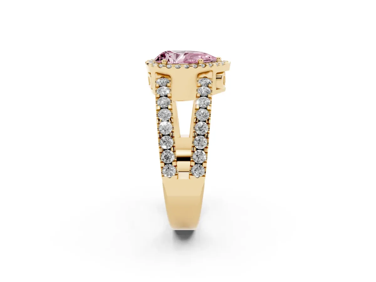 Fancy Pink Pear Cut Cut Halo Split Shank Diamond Ring with Four-Prong Setting Yellow gold