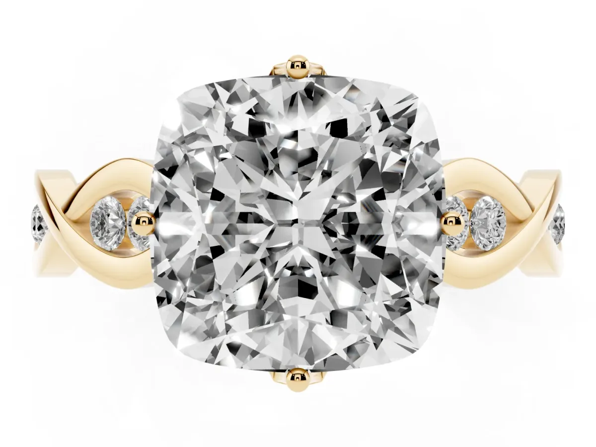 Cushion Cut Solitaire Twist Band with Leaf Prong Setting Yellow gold
