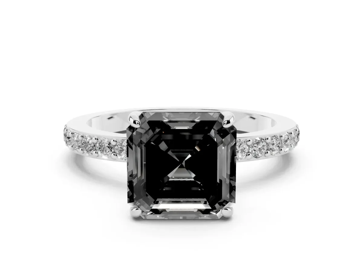 Fancy Black Asscher Cut Diamond Solitaire Engagement Ring with Pavé Band and Four-Prong Setting Platinum