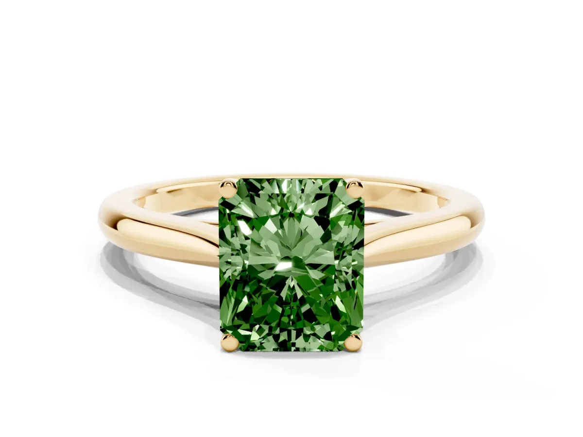Fancy Green Radiant Cut Cut Solitaire Ring with Cathedral Band and Four-Prong Setting Yellow gold