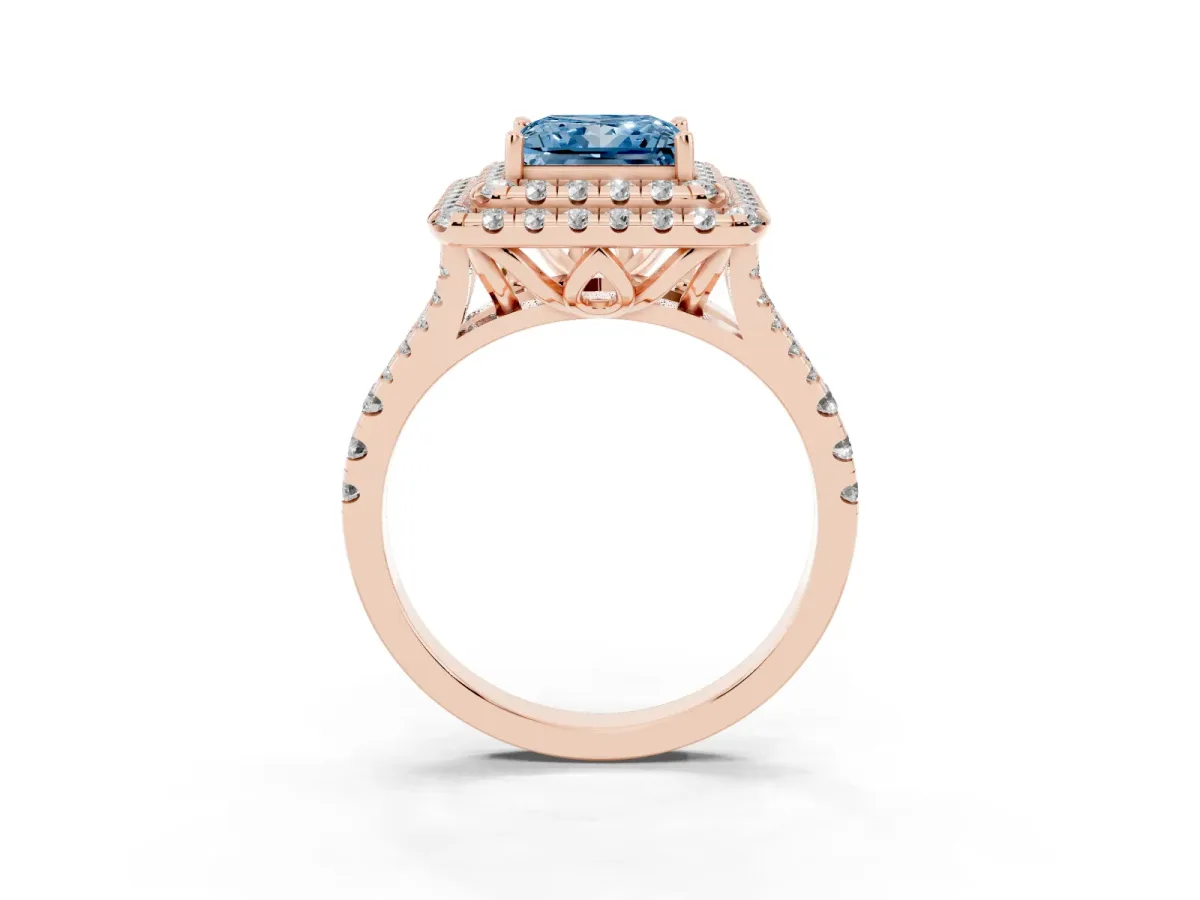 Fancy Blue Double Halo Princess Cut Diamond Pavé Split Shank Ring with Prong Setting Rose gold