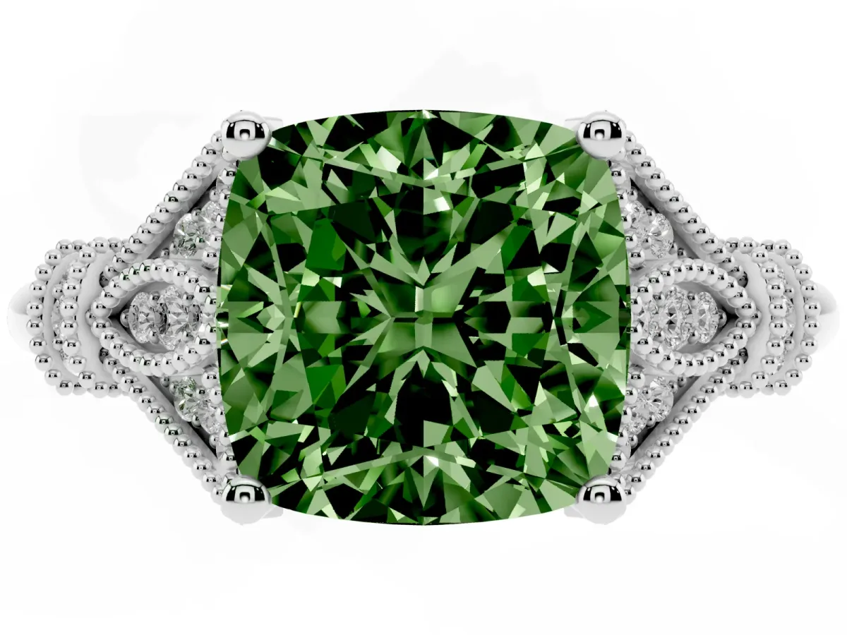 Fancy Green Cushion Cut Diamond Solitaire Ring with Floral Filigree and Pave Accents Silver