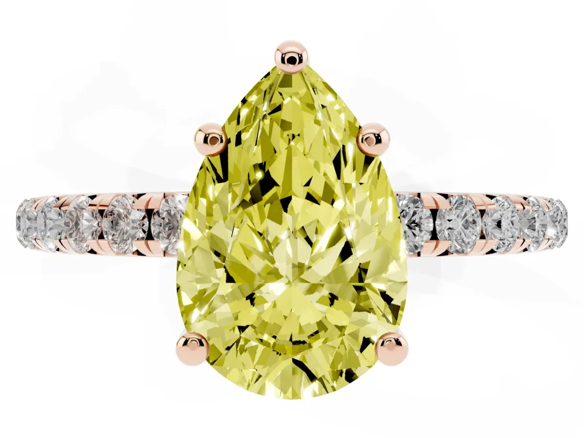 Fancy Yellow Pear Cut Cut Diamond Solitaire Ring with Micro Pave Band and Four Prong Setting Rose gold