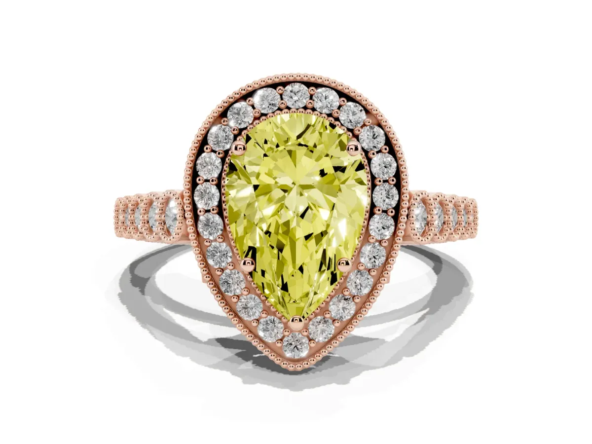 Fancy Yellow Pear Cut Halo Milgrain Solitaire with Bezel Set Side Stones and Pave Band Rose gold