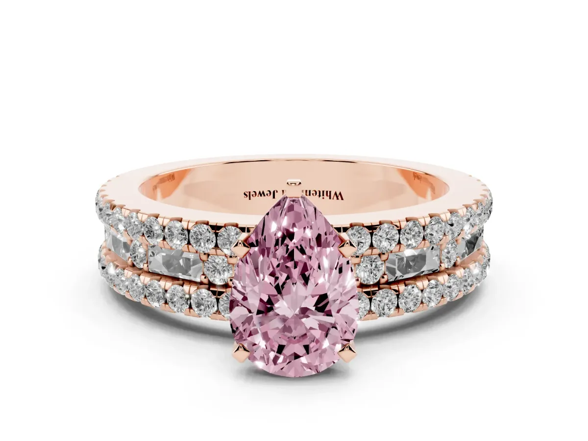 Fancy Pink Pear Cut Diamond Solitaire Ring with Pavé and Channel Set Band Rose gold